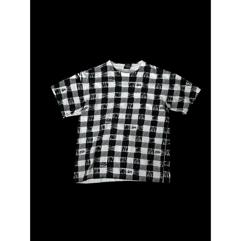 Vintage 90's‎ Stussy AOP Men's Small Tee T-Shirt Checkered Skater Streetwear - Picture 2 of 8